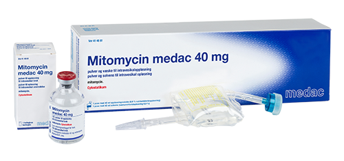 Mitomycin medac, 40 mg, pulver og solvens til intravesikal opløsning, emballage